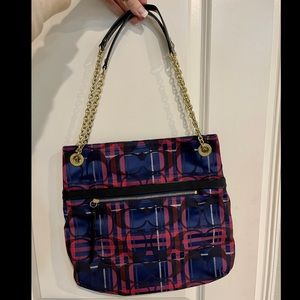 COACH Signature Tote Fun Plaid Poppy Metallic Tartan Slim Chain Convertible